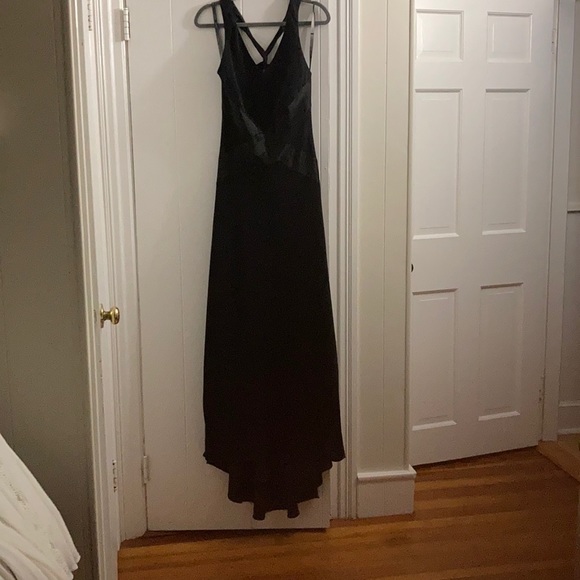 Evening/prom dress black matte and sheen, criss cross back, slight train. - Picture 6 of 6